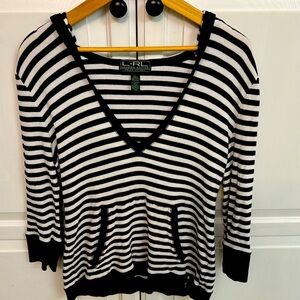 Lauren Ralph Lauren Women's Size Large Striped V Neck Pullover Hoodie Sweater